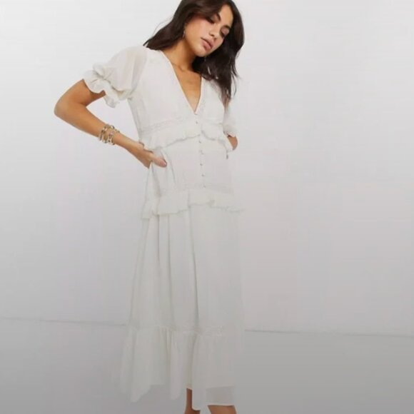 ASOS DESIGN button through lace insert tiered midi dress in ivory - Picture 2 of 8